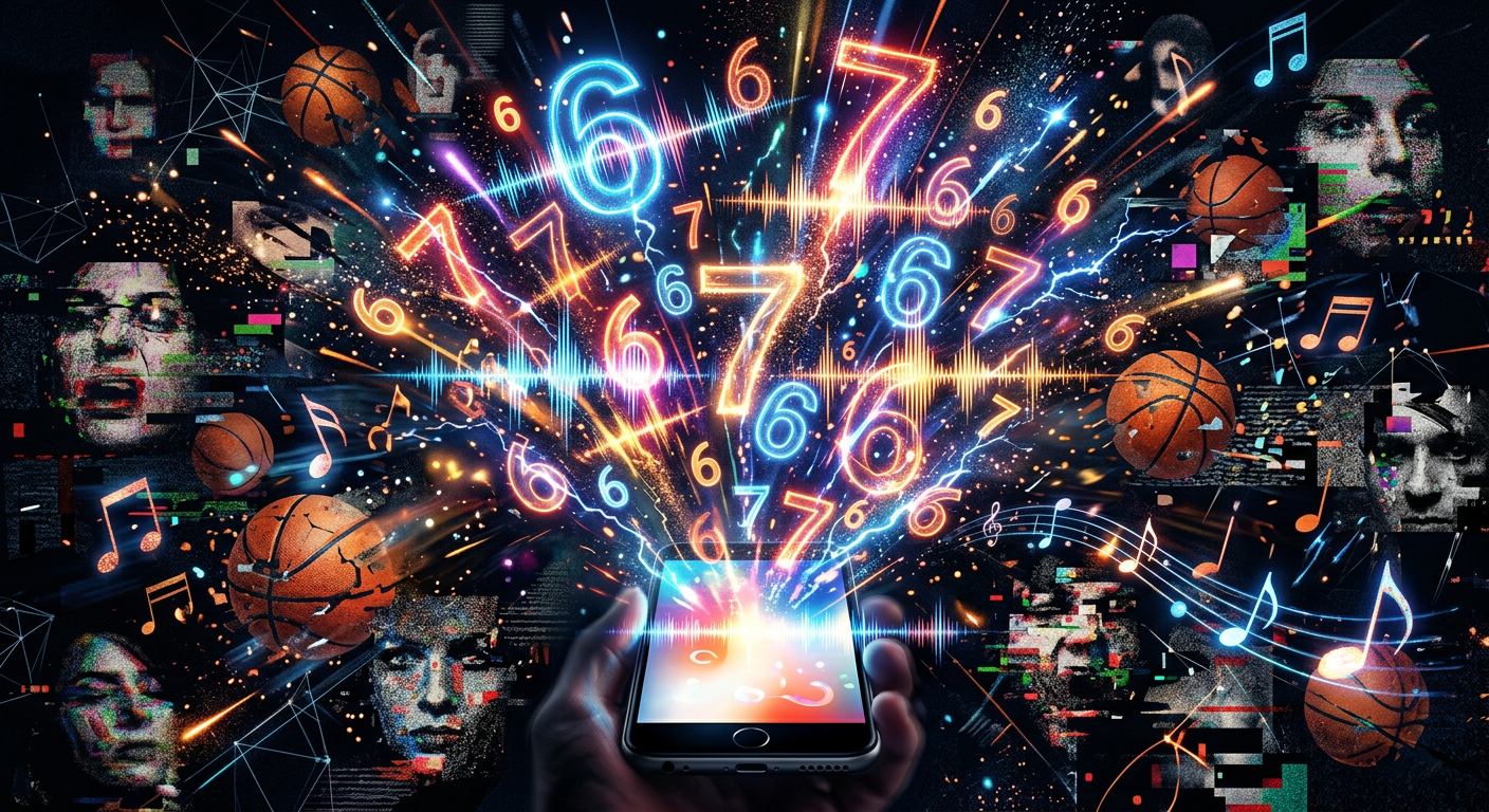 An artistic interpretation of the '67' meme's viral spread from a single audio clip into a global internet phenomenon.