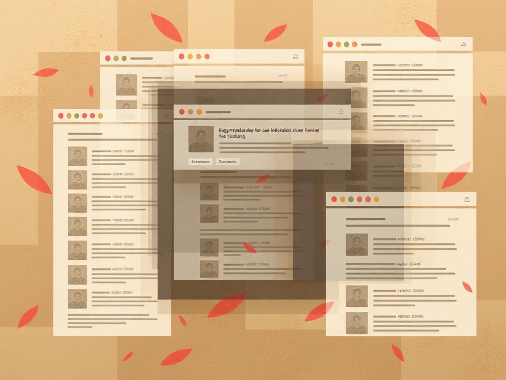 Abstract illustration evoking a fragmented imageboard catalog.