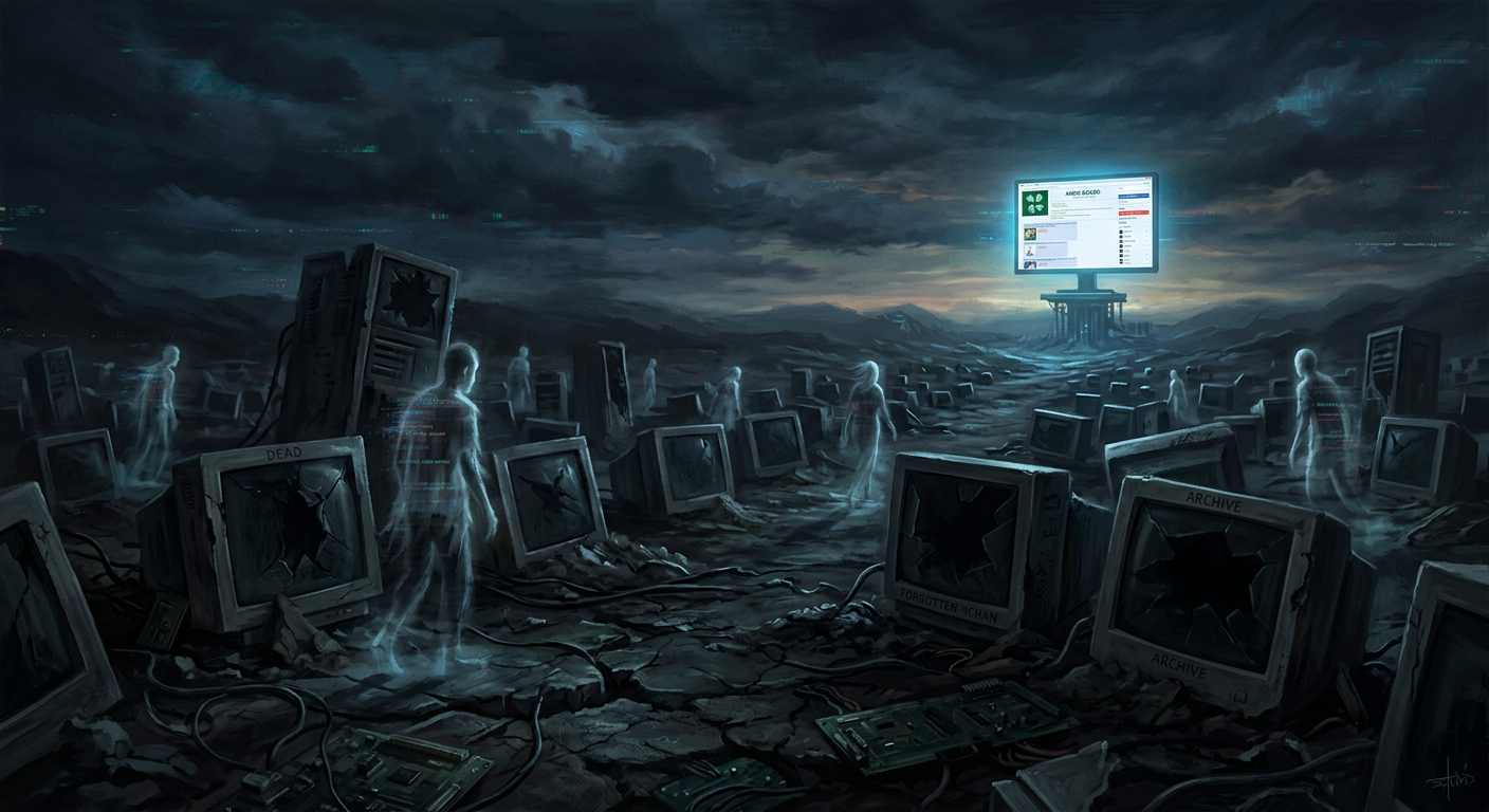 A symbolic representation of the Chan Graveyard, with crumbling digital monoliths and ghostly figures.