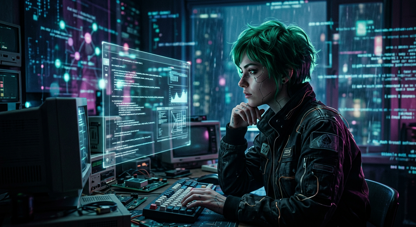 An artistic representation of Emerald Chan, the developer behind Lainchan and Lynos.
