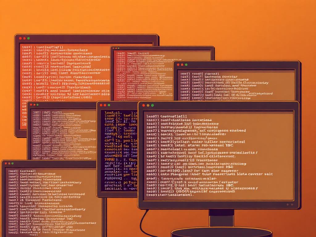 Illustration of stylized terminal windows showing imageboard source code.