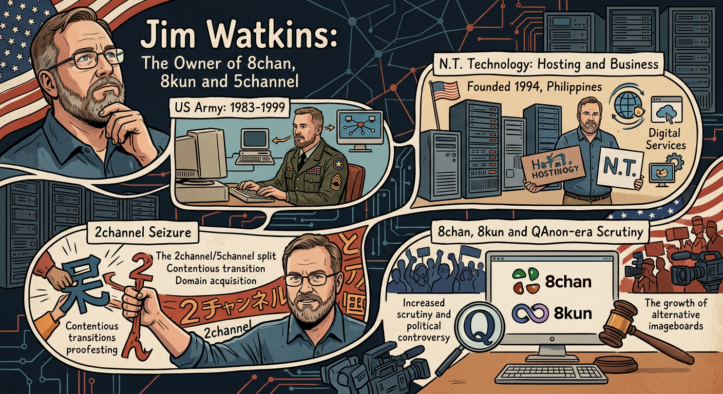 Jim Watkins operates 8chan, 8kun, and 5channel.