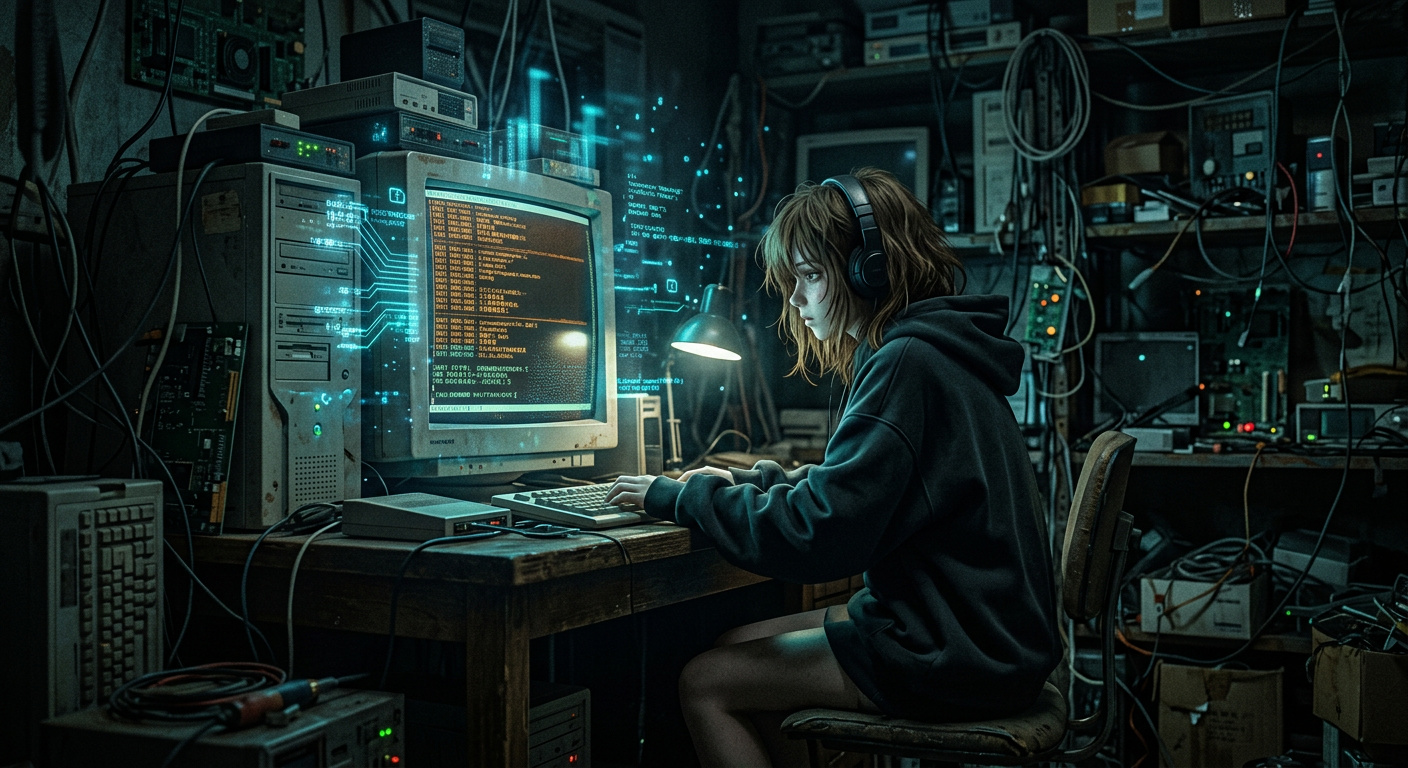A shadowy figure sits hunched over a glowing computer monitor in a dark room, surrounded by a chaotic mess of tangled wires and outdated electronic equipment. The screen