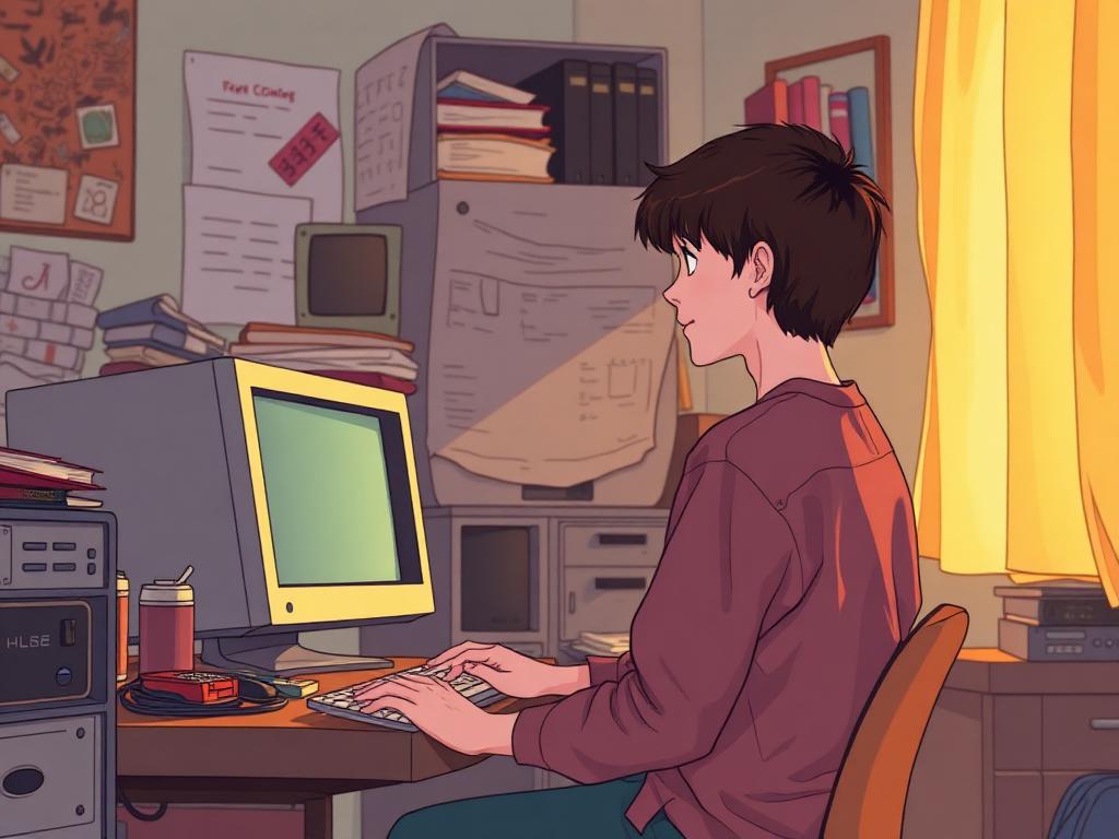 Generic illustration of a young administrator at a 2000s-era home computer.