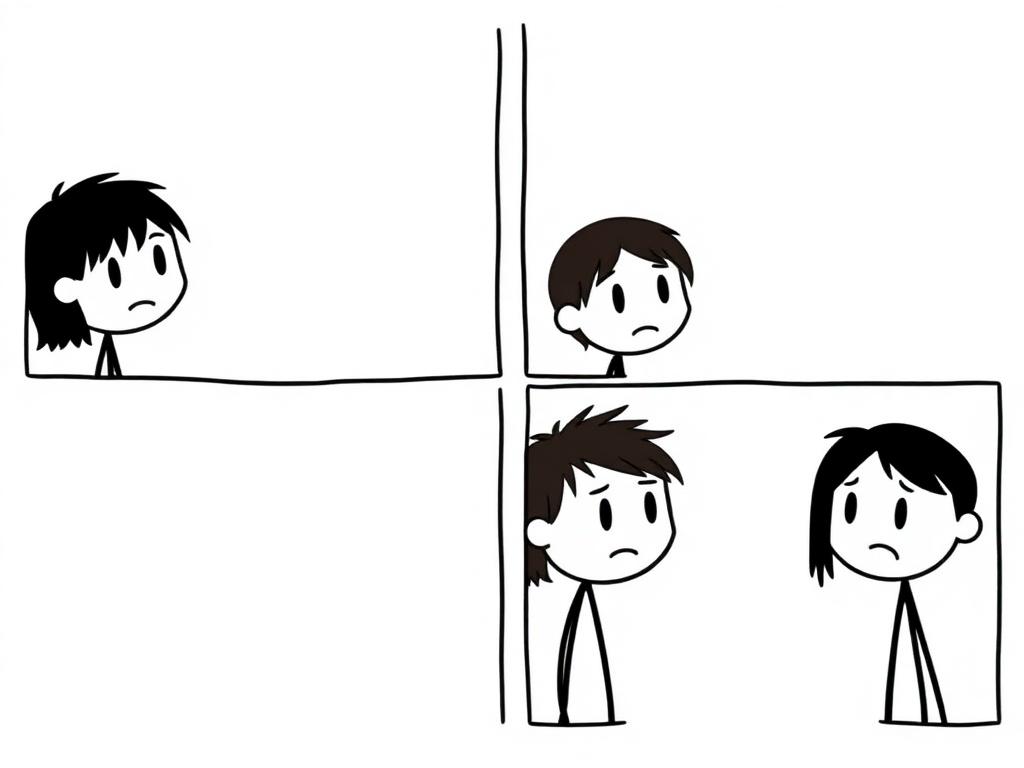 Illustration of generic four-panel webcomic squares with simple stick figures.
