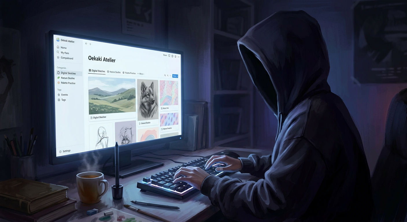 An artistic representation of shii creating the calm and art-focused iichan imageboard.