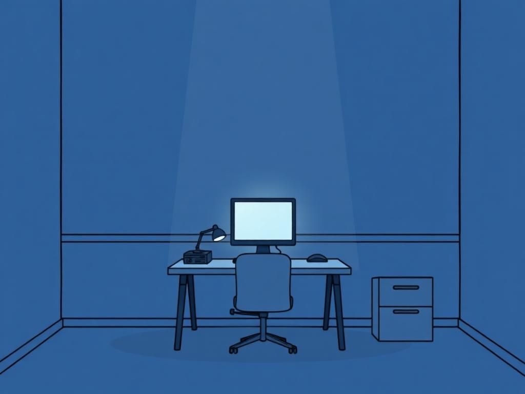 Illustration of an isolated computer desk at night, evoking the Wizardchan mood.